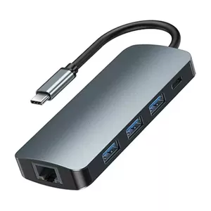 USB-C 9in1 centrmezgls Remax Retor Series 3x USB 3.0, USB-C, RJ45, HDMI, 3,5 mm, SD/TF (pelēks)