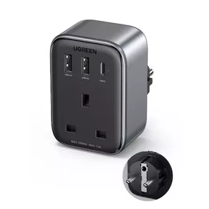 Настенное зарядное устройство 30 Вт (2xUSB|USB C|AC) | адаптер 13A Ugreen CD314 Великобритания - ЕС - черный