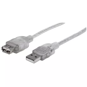 Manhattan USB-A to USB-A Extension Cable, 4.5m, Male to Female, 480 Mbps (USB 2.0), Hi-Speed USB, Translucent Silver, Lifetime Warranty, Polybag