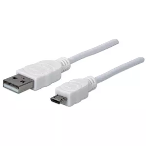 Manhattan USB-A to Micro-USB Cable, 1m, Male to Male, White, 480 Mbps (USB 2.0), Equivalent to Startech USBPAUB1MW, Hi-Speed USB, Lifetime Warranty, Polybag