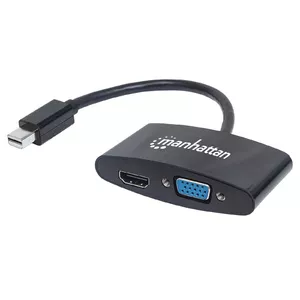 Manhattan Mini DisplayPort 1.2 to HDMI or VGA Adapter Cable (2-in-1), 25cm, Black, Passive, Male to Female, HDMI 4K@30Hz, VGA@60Hz, Note: Only One Port can be used at a time, Equivalent to Startech MDP2HDVGA, Lifetime Warranty, Blister