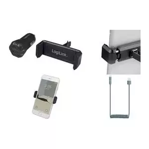 LogiLink USB автомобильное зарядное устройство и держатель для смартфона, черный Универсальный держатель для смартфона для вентиляционных отверстий, - 1 шт (PA0203)
