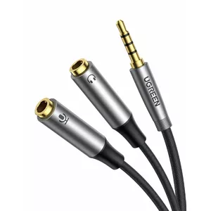UGREEN AV192 audio sadalītājs AUX kabelis no mini jack 3,5 mm (vīriešu) uz austiņām + mikrofonu (sieviešu), 20 cm (pelēks)