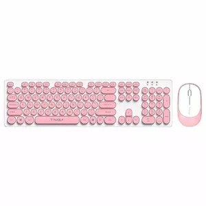 T-Wolf TF770 Retro Punk PC 2.4Ghz Wireless Keyboard (EN) Silent keys + Mouse set Pink & White
