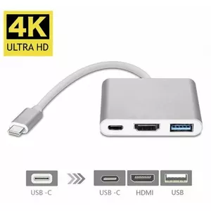 Fusion (3 in 1) USB-C multiport adapteris / USB 3.0 / HDMI / USB-C / Sudraba