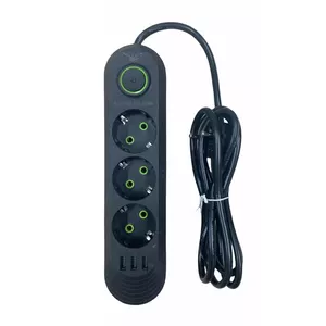 Riff F03U 3 Sockets + 3USB Power Surge Protector with 2m Cable & Power On/Off Button Black