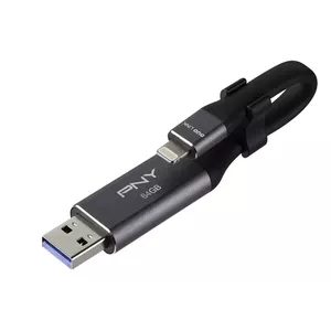 PNY Duo-Link 3.0 USB zibatmiņa 64 GB USB Type-A / Lightning 3.2 Gen 1 (3.1 Gen 1) Pelēks