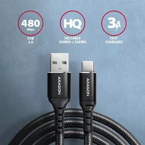 AXAGON BUCM-AM15AB, HQ kabelis USB-C <->USB-A, 1,5 m, USB 2.0, 3A, ALU, pīts, melns</-> 