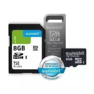 Swissbit TSE, microSD karte, 8 GB Tehniskā drošības ierīce (TSE modulis), dizains: microSD karte, šifrēšana: 384 bitu, SE veiktspēja (paraksts): 250 ms, darbības laiks: 20 miljoni parakstu, glabāšanas vieta: 8 GB, sertifikāta darbības laiks 5 gadi (SFSD8192N3PM1TO-E-LF-C32-JA0).