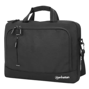 Manhattan Helsinki Eco Friendly Laptop Bag 14.1", Top Loader, Black, Padded Notebook Compartment, Front and Multiple Interior Pockets, Padded Handle, Trolley Strap, Recycled Materials, Black, Shoulder Strap (removable), Notebook Case, Three Year Warranty